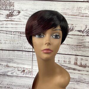 Bio Shag Tapered Wig FF99J Black w/ Plum Swoop Heat Safe Adjustable Synthetic